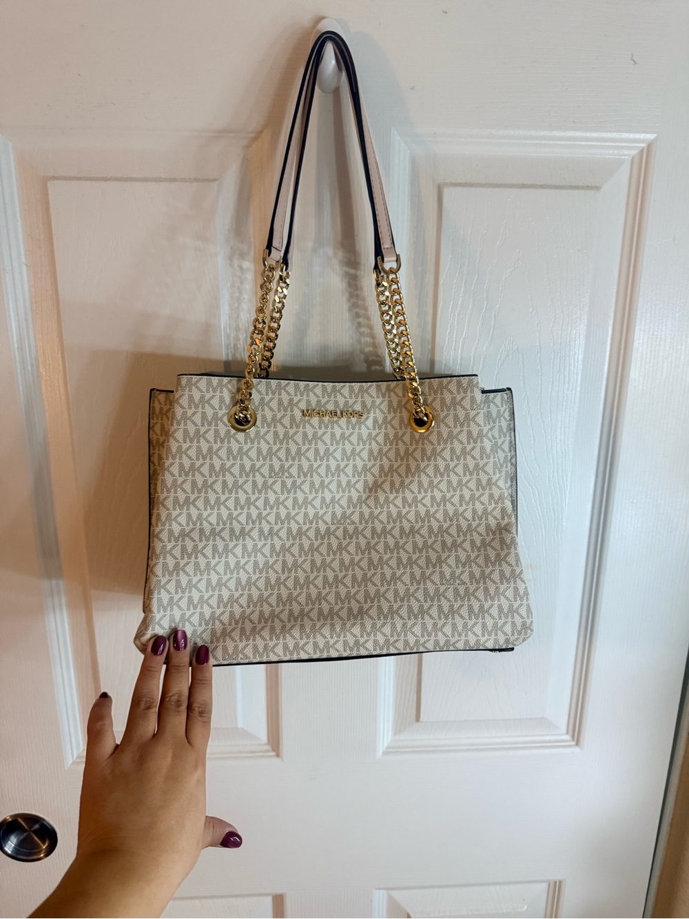 Michael Kors Cream MK Logo Tote with Gold Chain Straps